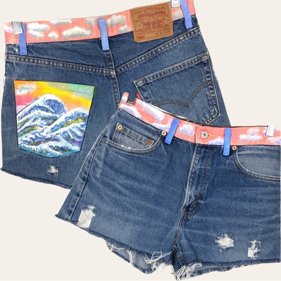 Levi’s 505 DIY Distressed Cutoff Hand Painted Rainbow Cloud Denim Jean Shorts - Picture 13 of 13